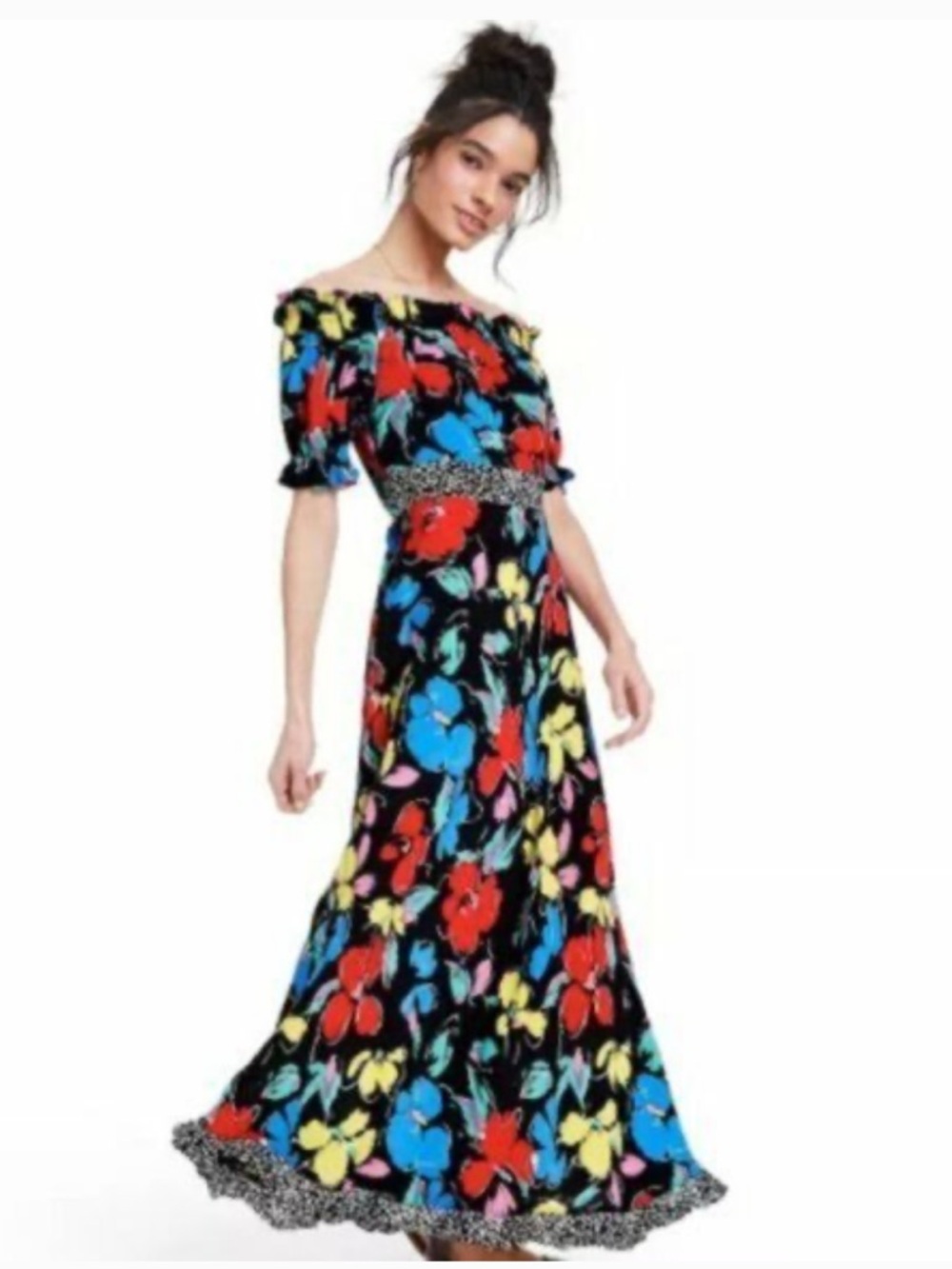 RIXO Black Red Daisy Floral Off the Shoulder Puff Sleeve Maxi Dress Sz 0